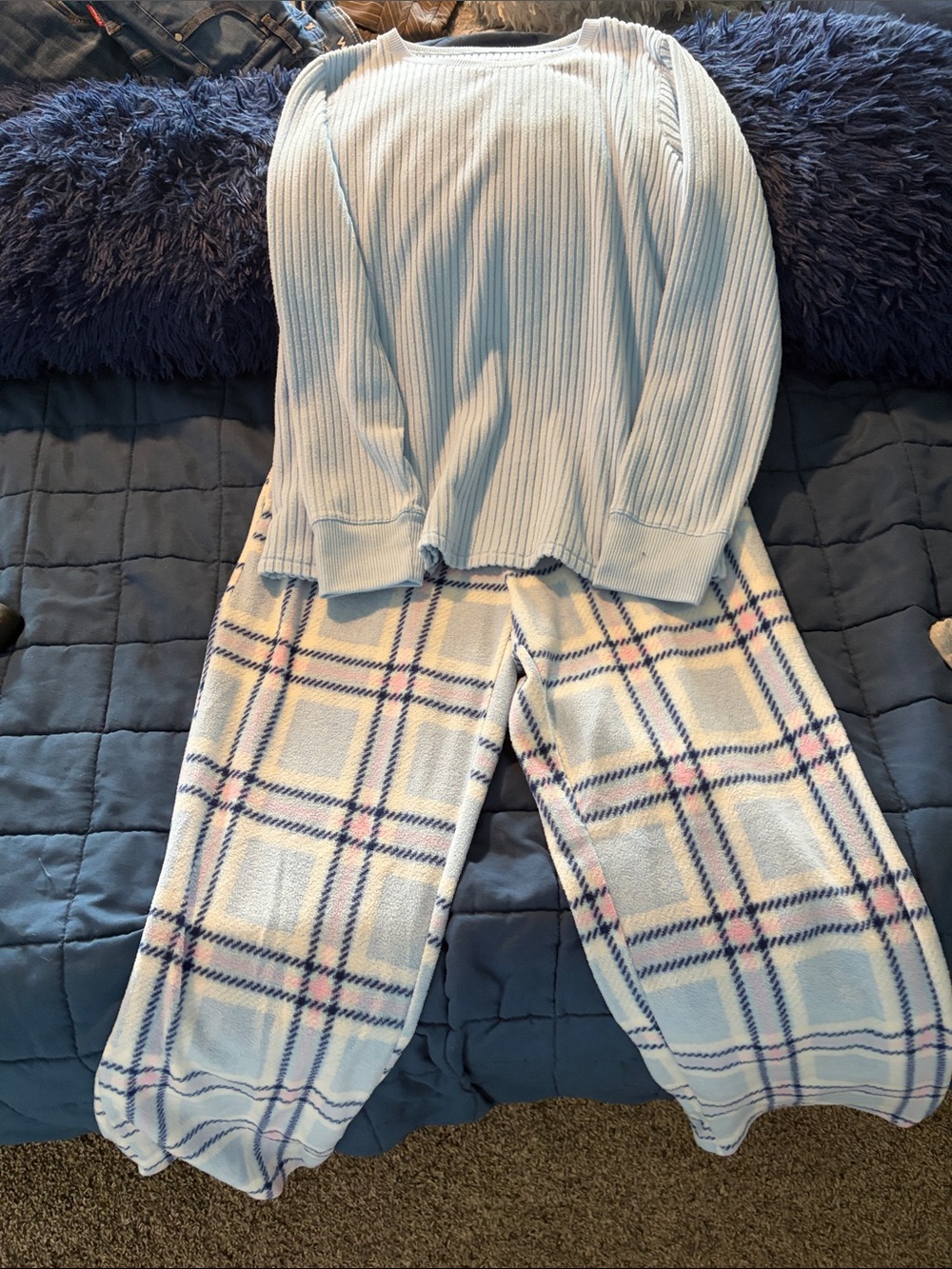 croft & barrow Light Blue Ribbed Long-Sleeve Top with Plaid Sleep Pants